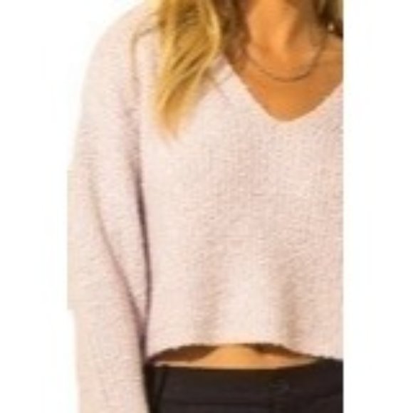NEW DOUBLE ZERO WOMENS PALE PINK V-NECK DROP SHOULDER CROPPED KNIT SWEATER SZ: S - Picture 1 of 9